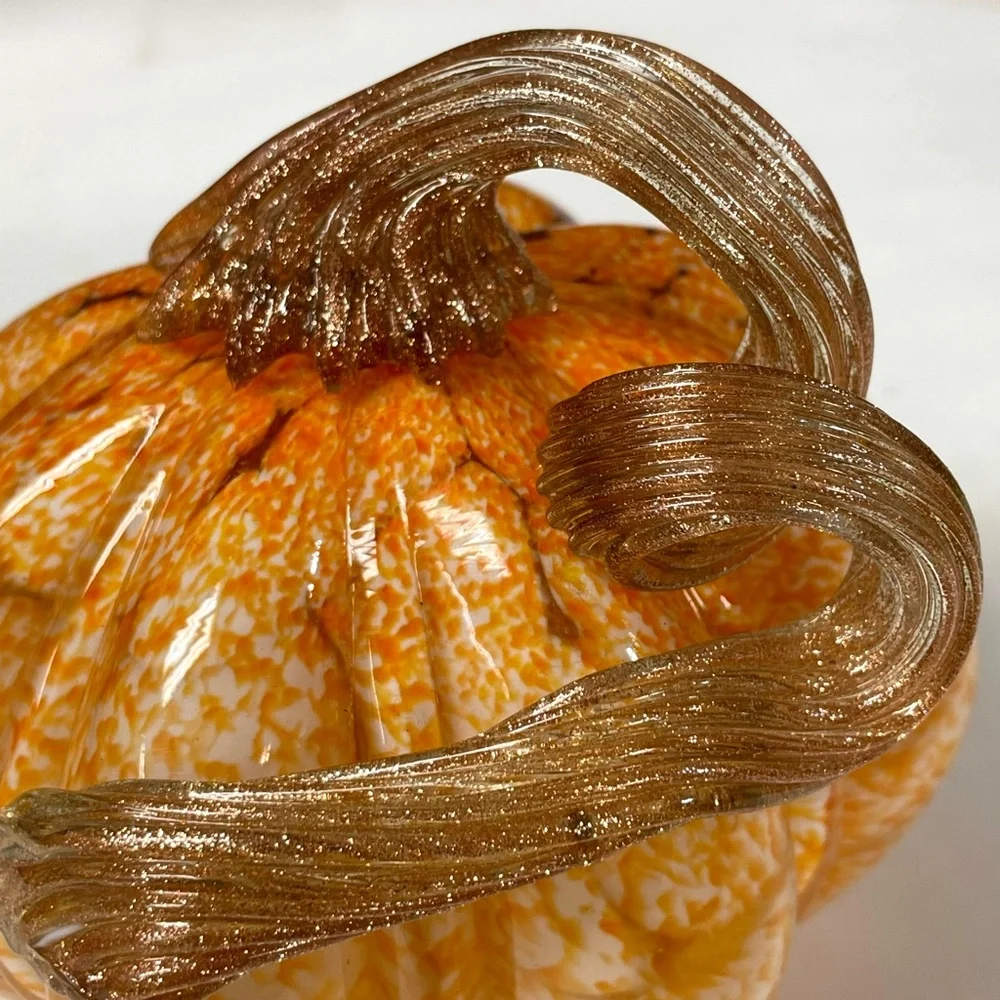 Pier 1 Hand Blown Orange Speckled Glass Pumpkin Glittering Gold Stem Fall Decor
